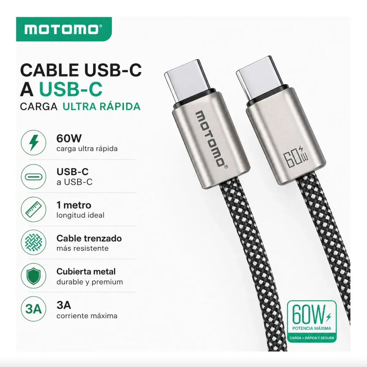 Cable De Carga Rápida 60w Tipo C Trenzado 1 Metro Metal