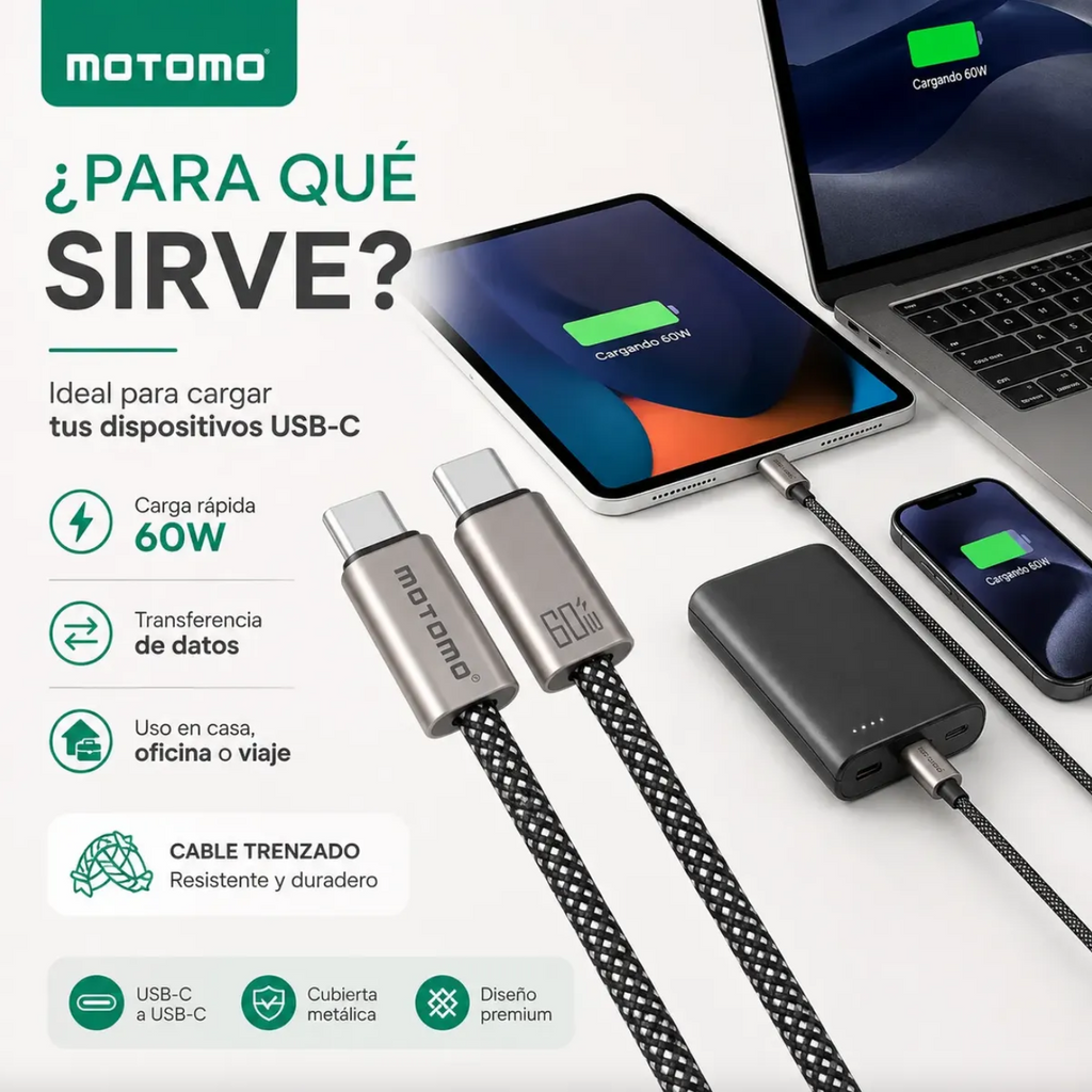 Cable De Carga Rápida 60w Tipo C Trenzado 1 Metro Metal