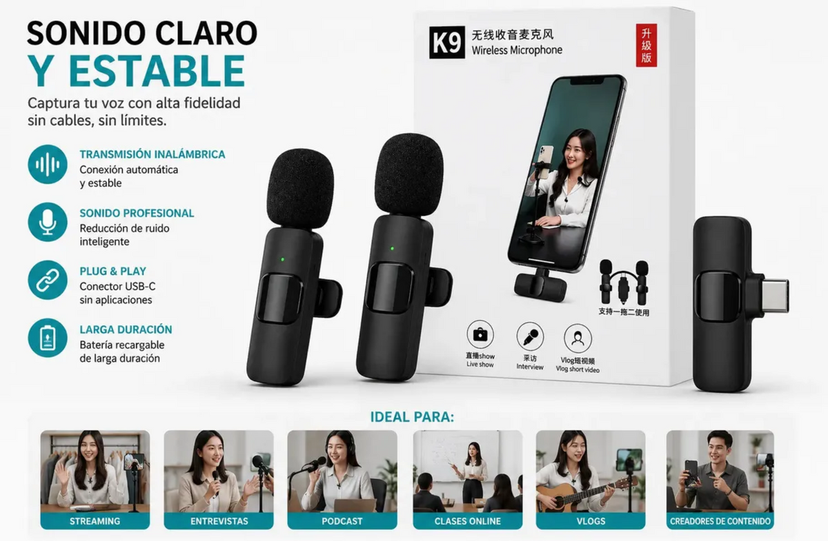 Pack 2 Micrófonos Lavalier Inalámbricos K9 USB-C para Celular y PC