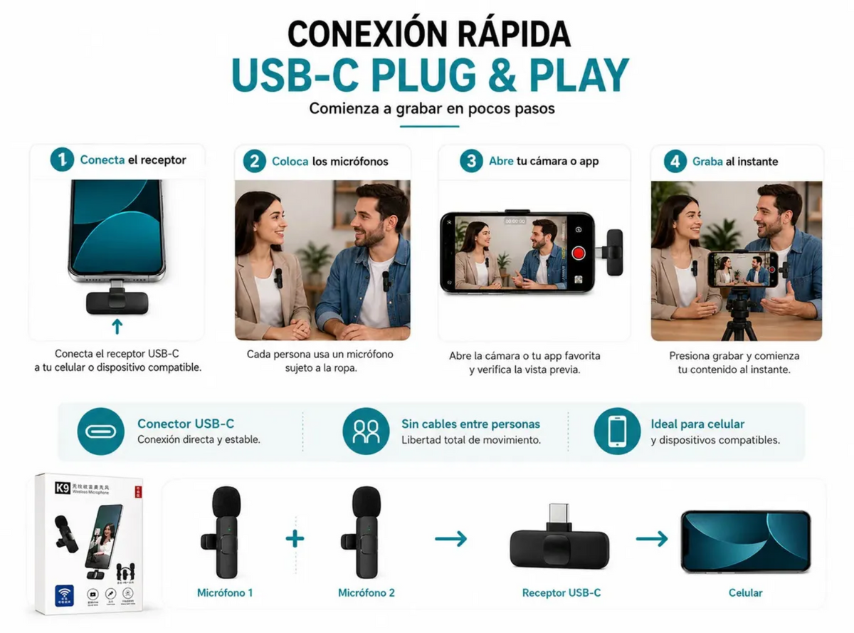 Pack 2 Micrófonos Lavalier Inalámbricos K9 USB-C para Celular y PC