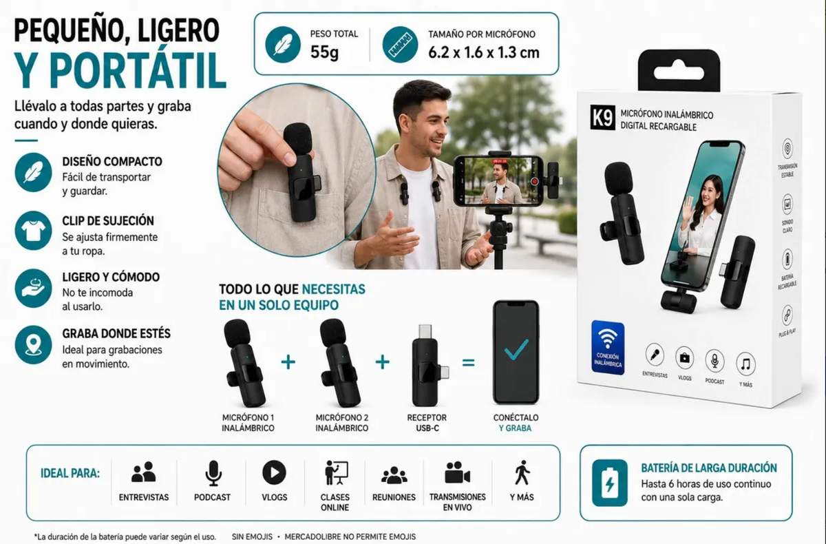 Pack 2 Micrófonos Lavalier Inalámbricos K9 USB-C para Celular y PC