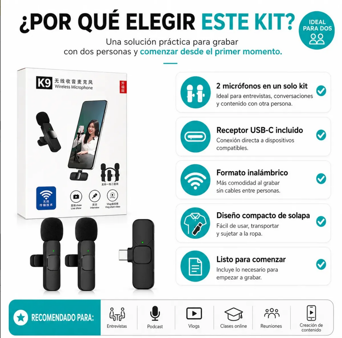 Pack 2 Micrófonos Lavalier Inalámbricos K9 USB-C para Celular y PC