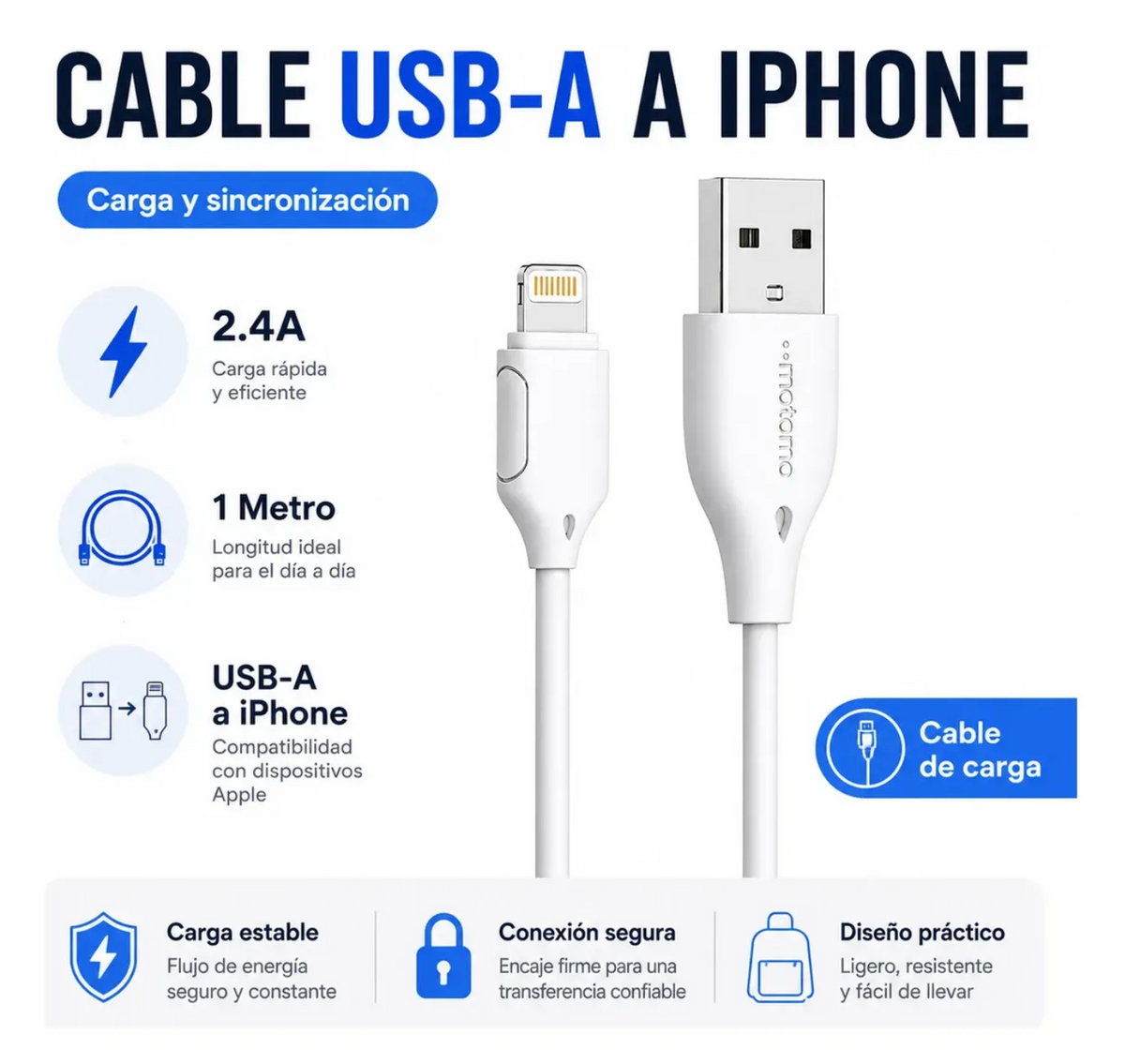 Cable De Carga Y Datos 1m Usb-a Para iPhone Lightning Motomo