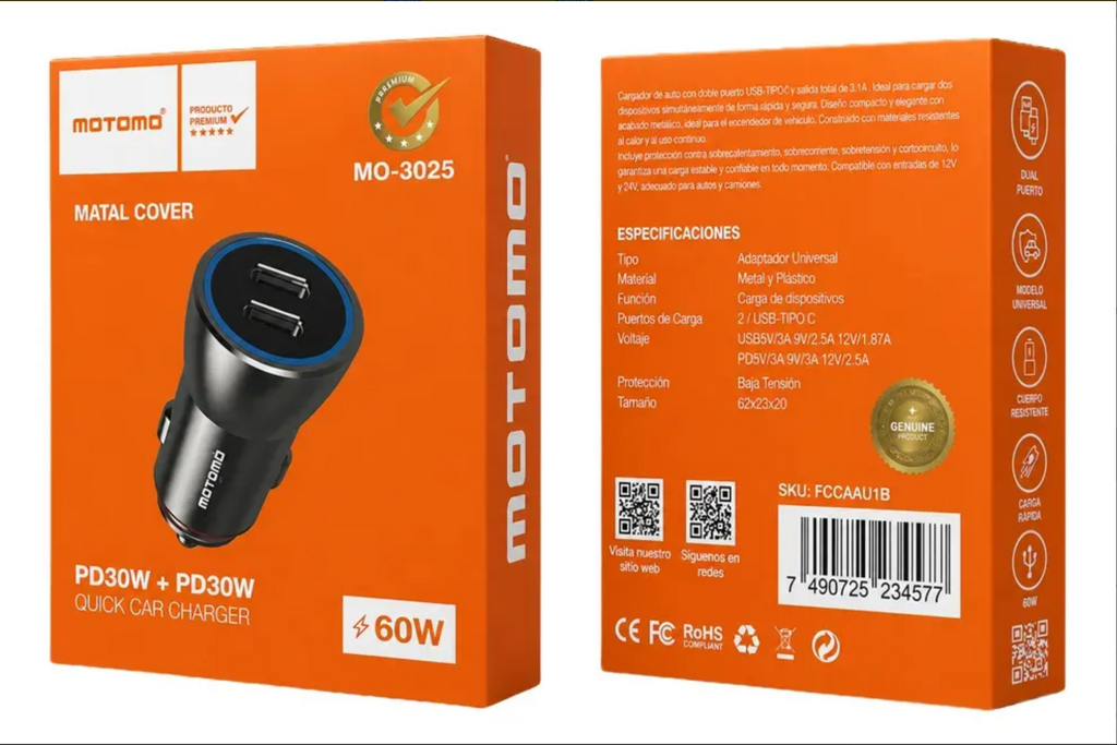 Cargador De Auto Motomo Mo-3025 60w Carga Rapida Negro