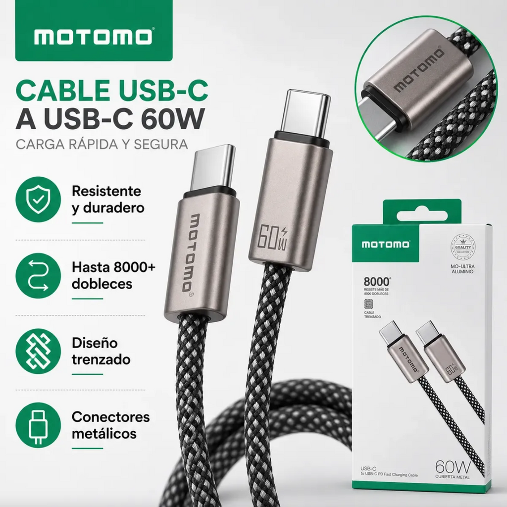 Cable De Carga Rápida 60w Tipo C Trenzado 1 Metro Metal