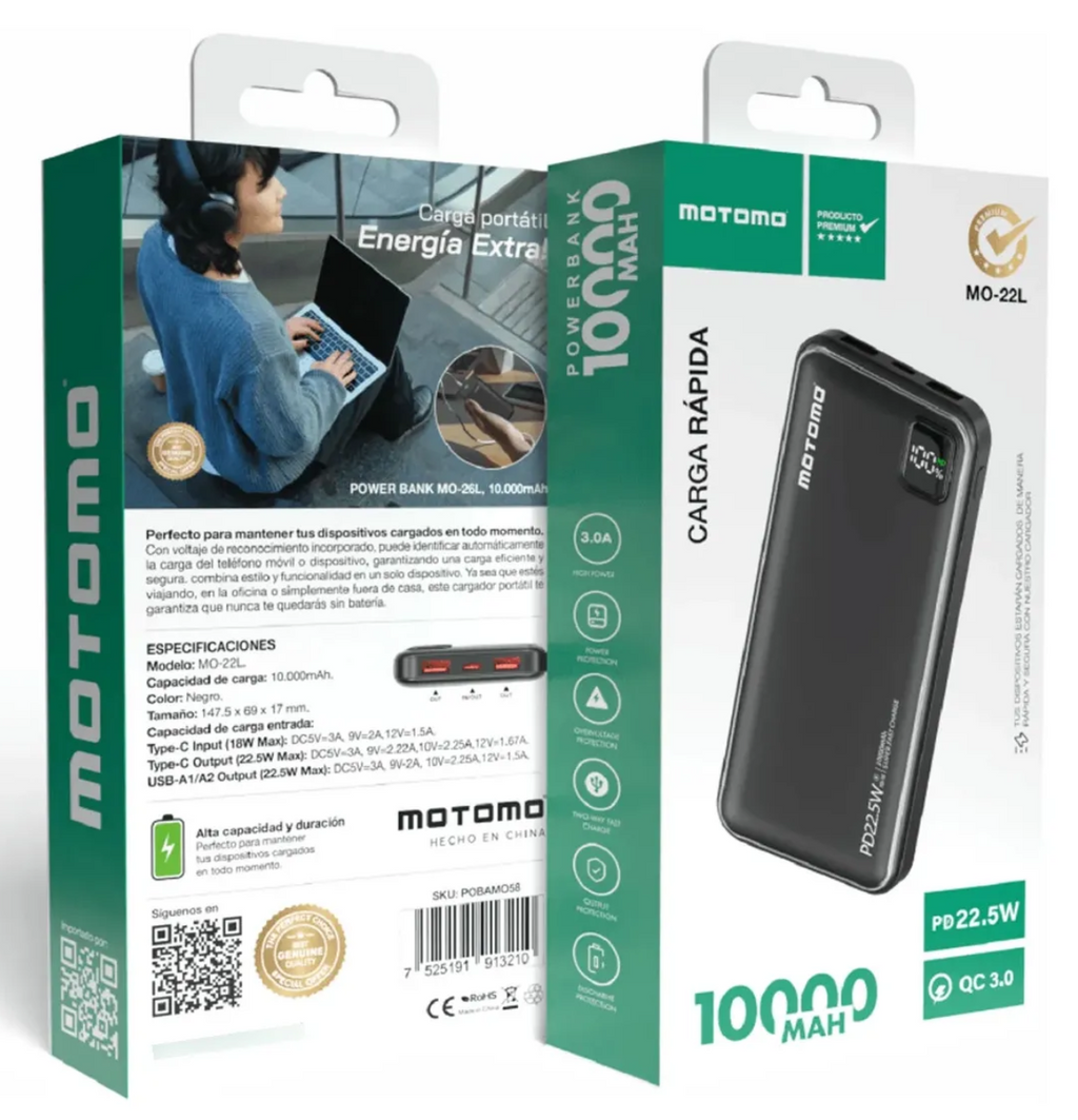 Power Bank Motomo MO-22L 10.000 mAh Carga Rápida