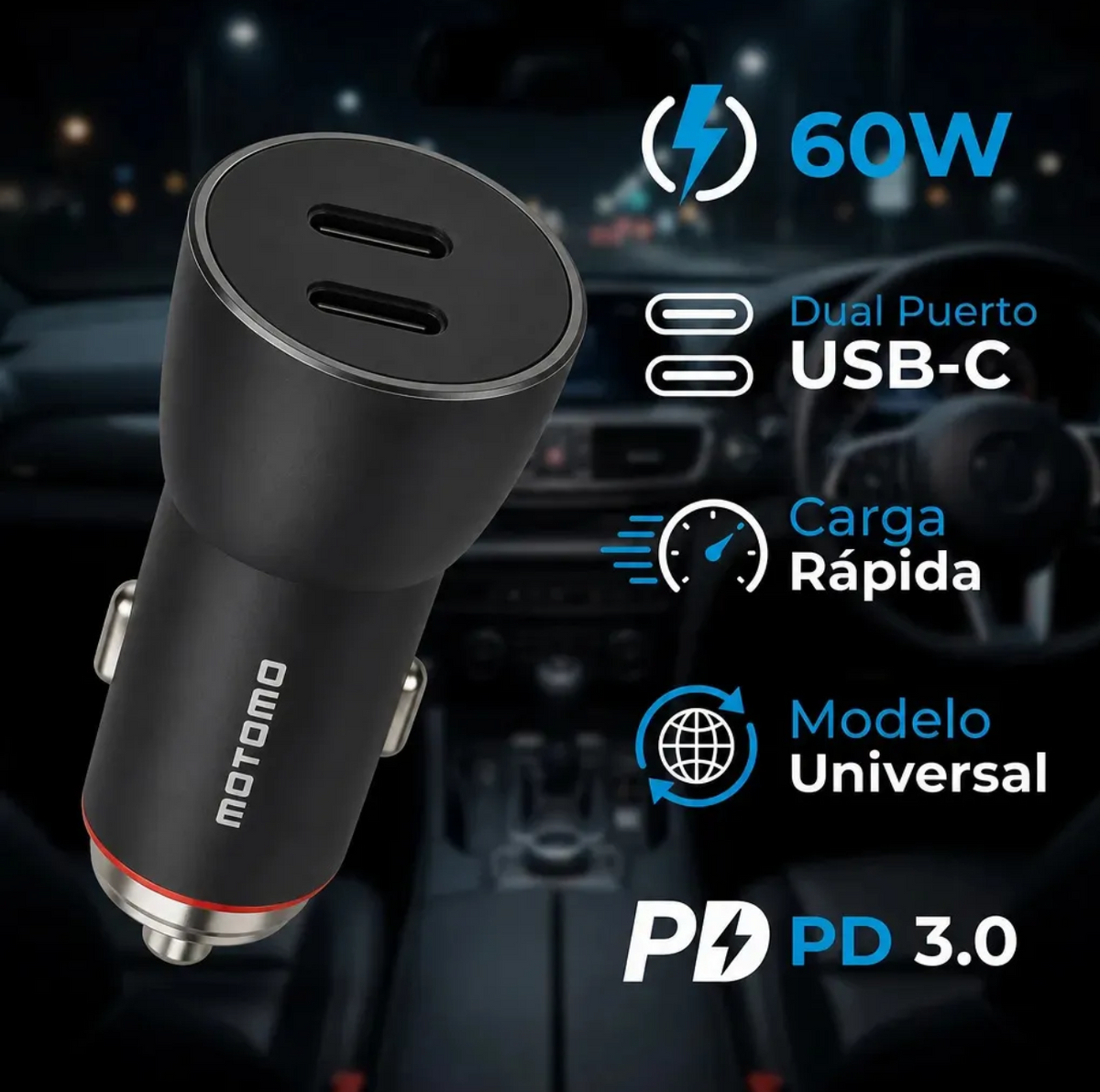 Cargador De Auto Motomo Mo-3025 60w Carga Rapida Negro